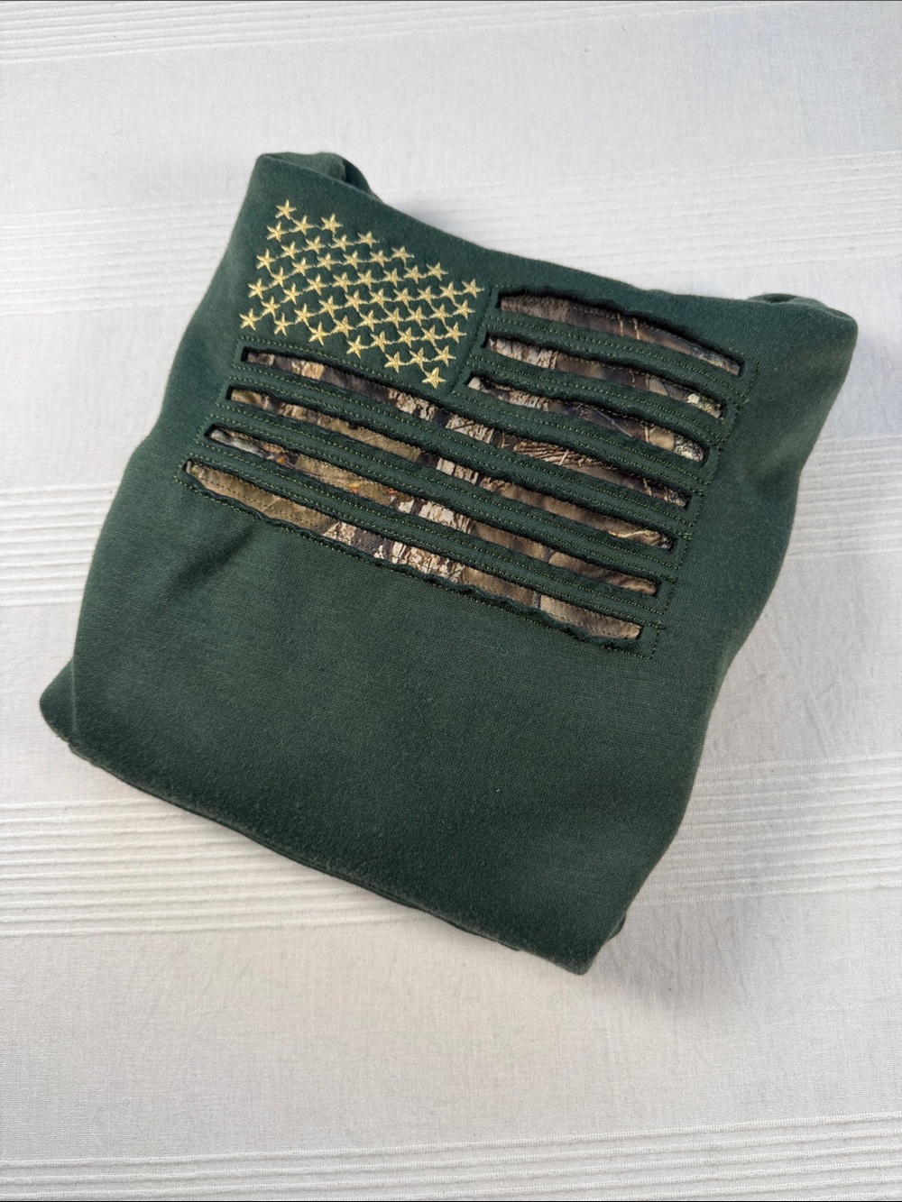 Mossy Oak Dark Green Sweater with Gold Star Flag Accent